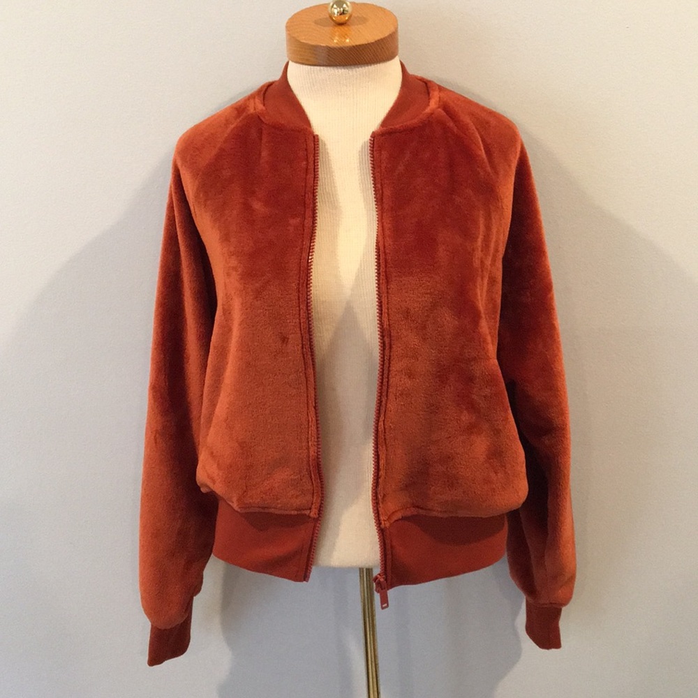 Express Burnt Orange Velour Bomber Jacket